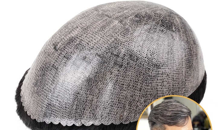Close-up of a gray textured wig or hairpiece.