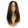 Mannequin head with long, straight dark brown hair wig.